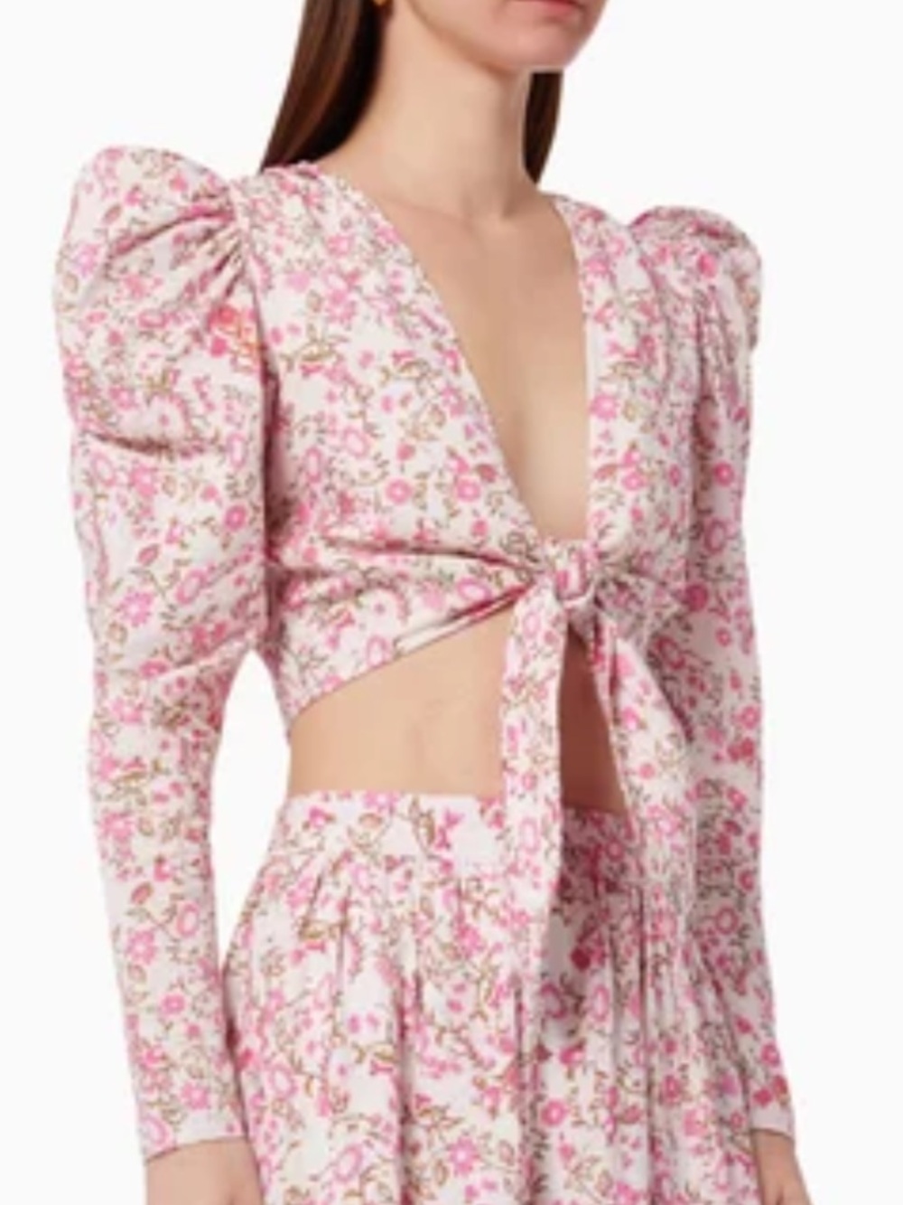 Hemant & Nandita Revolve Floral Tie Front Deep V-Neck Crop Top Puff Sleeve XS/S
